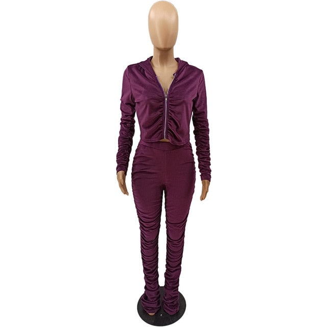 3XL Solid Color Pleated Velvet Tracksuit Long Sleeve Hoodie w/ Pants Plus Size Women