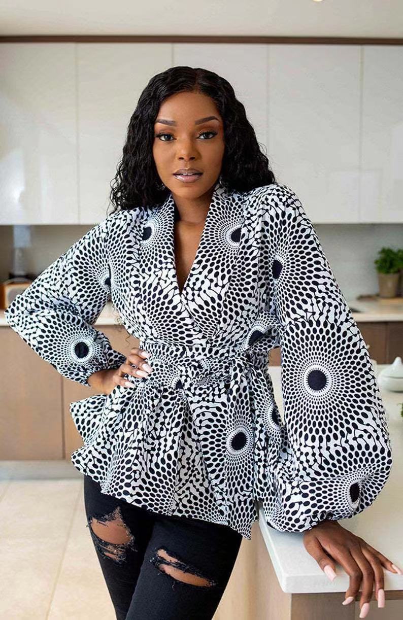 2XL African Print Blouse V  Neck Down Collar Long Sleeve Plus Size Women