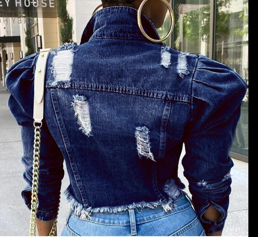5XL Frayed Vintage Blue Crop Jacket Turn Down Collar Long Sleeve Plus Size Women