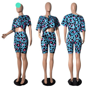 2XL 2 Piece American Flag or Blue Leopard Print V Neck Off Shoulder Short Sleeve Top w/ Shorts Plus Size Women
