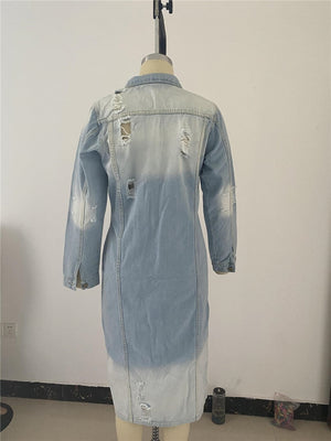 3XL  Long Blue Denim Jacket Turn Down Collar Long Sleeve Plus Size Women