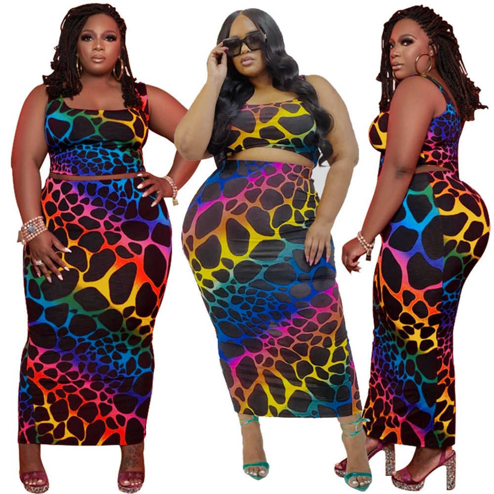 5XL 2 Piece Multi-Color Leopard Priint Tank Crop Top w/ Long Skirt Plus Size Women