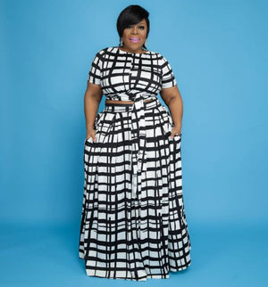 5XL Bold Grid Print Crop Top w/ Long Skirt Plus Size Women