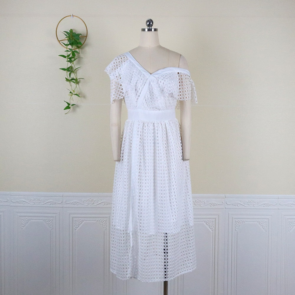 4XL White Checkered Hollowed Out Summer Dress Ruffled V Neck Off Shoulder Short Sleeve Mid Length Plus Size Women