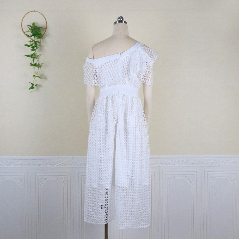 4XL White Checkered Hollowed Out Summer Dress Ruffled V Neck Off Shoulder Short Sleeve Mid Length Plus Size Women