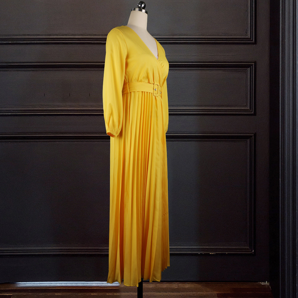 3XL Pleated Maxi Dress V Neck Longg Sleeve Long Length Plus Size Women