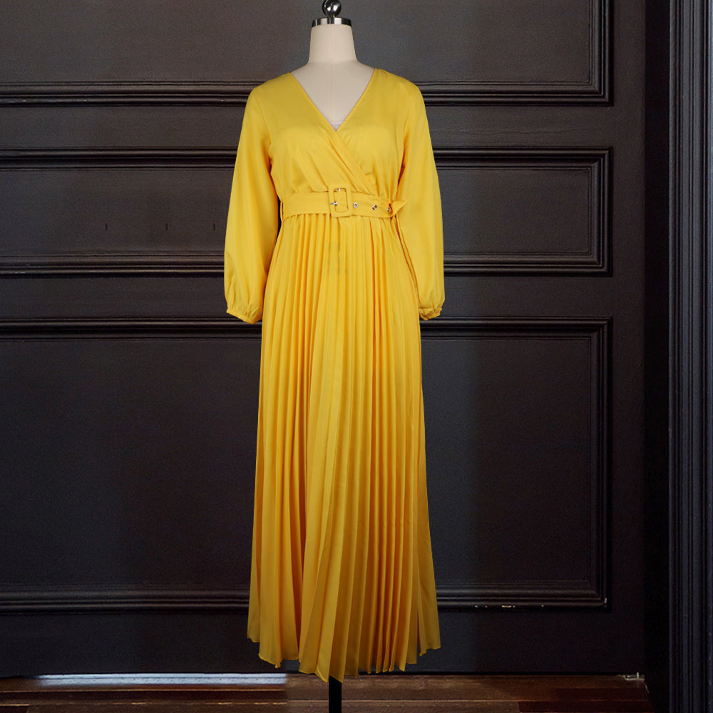 3XL Pleated Maxi Dress V Neck Longg Sleeve Long Length Plus Size Women