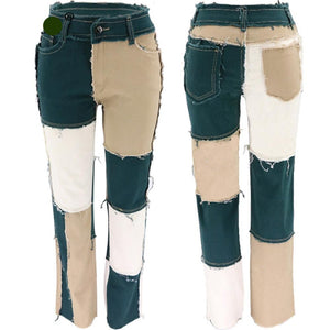 2XL Patchwork Frayed Panel Straight Cut Denim Jeans Plus Size Women