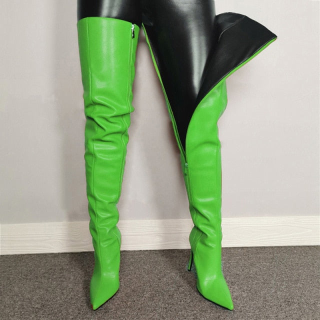 Faux Leather Neon Over the Knee Thin Heel Boots