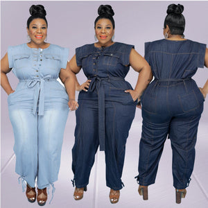 5XL Blue Denim Romper O Neck sleeveless Ankle Length Plus Size Women