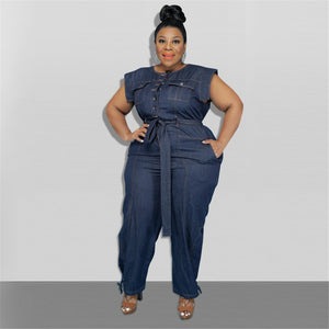 Plus Size Women Blue Denim Romper O Neck sleeveless Ankle Length Light or Dark Blue 