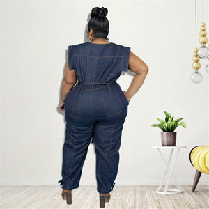 5XL Blue Denim Romper O Neck sleeveless Ankle Length Plus Size Women