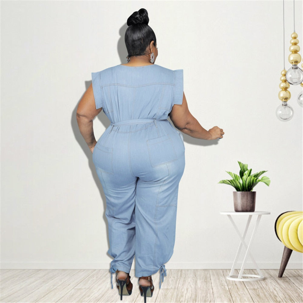 5XL Blue Denim Romper O Neck sleeveless Ankle Length Plus Size Women ...