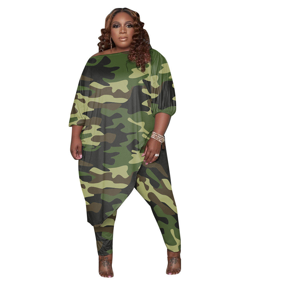 Plus Size Women 2 Piece Green Brown Camouflage Print O Neck 3/4 Sleeve Asymmetric Long Length Top w/ Pants 