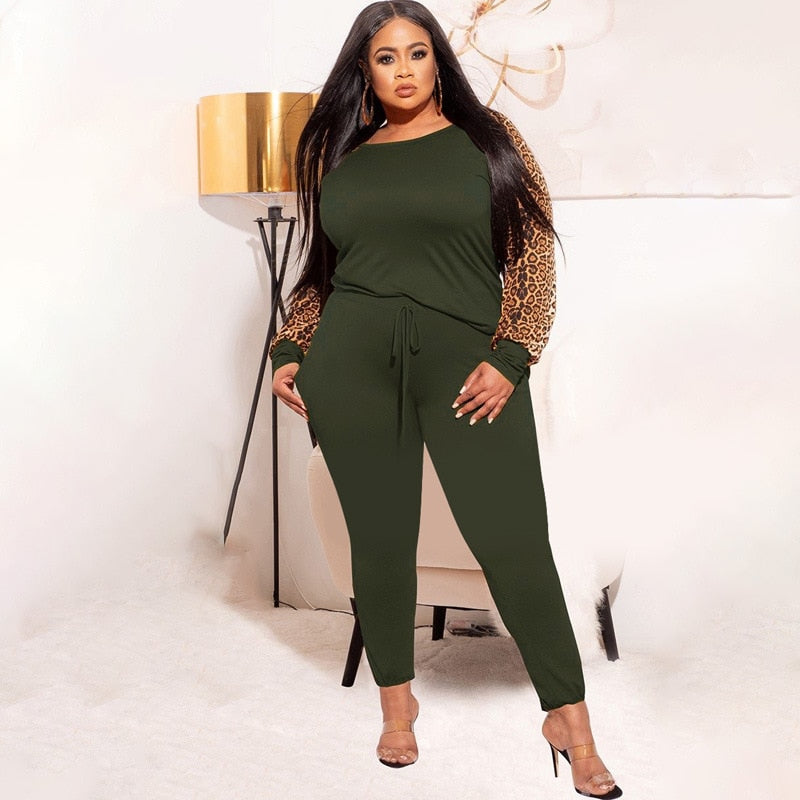 Plus Size Women  2 Piece Patchwork Leopard and Solid Print Top w/ Pants Black Brown Burgundy or Green
