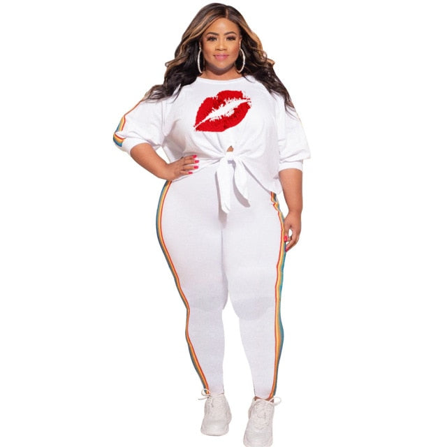 Plus Size Women Red Lip Print and Stripes O Neck 3/4 Sleeve Top w/ Pants Black or White