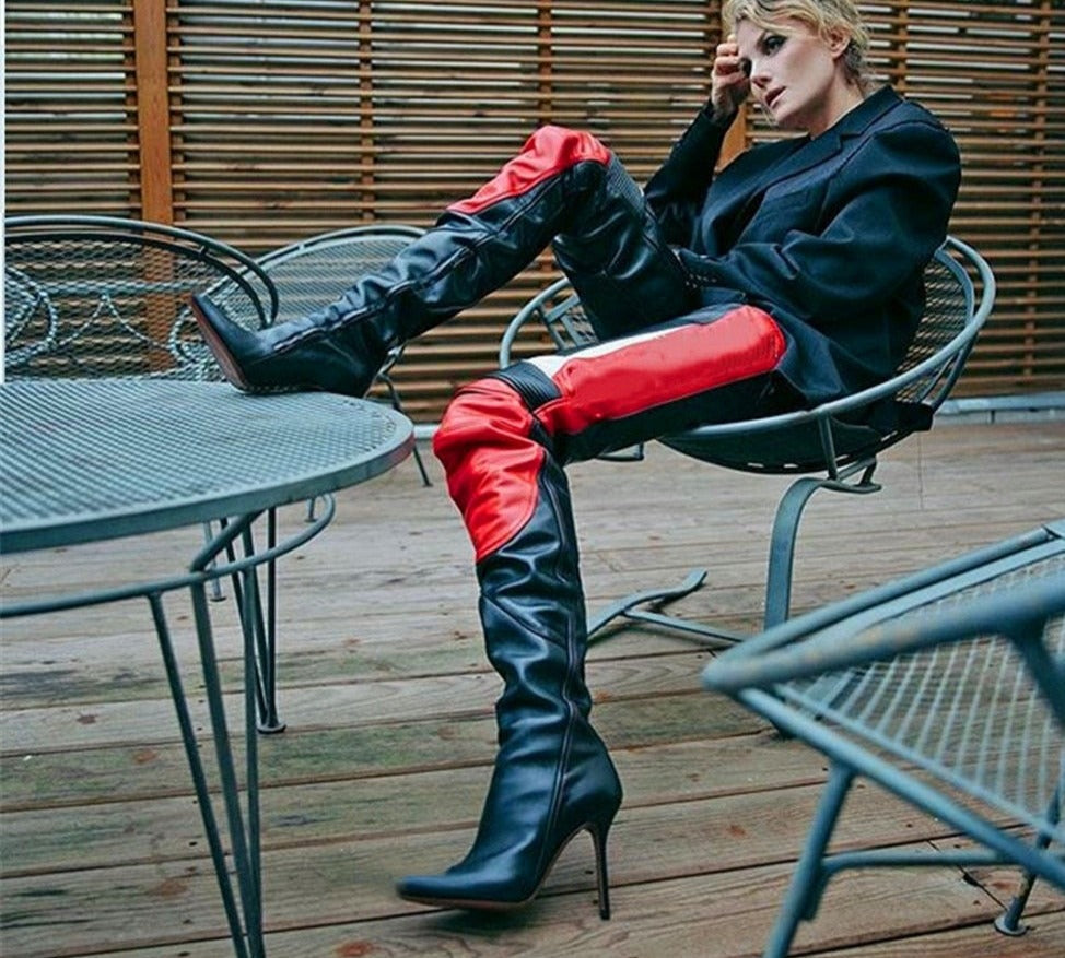 Womens Shoes Patchwork Black Over the Knee Thin Heel Pointed Toe Boots Black Blue Green White or Red