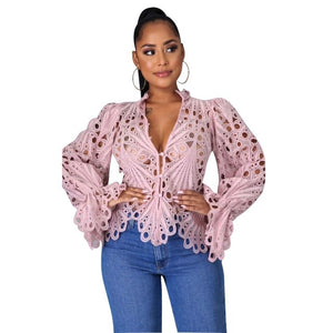 2XL Embroidered Hollowed Out Top Stand cjollar Long Flare Sleeve Plus Size Women