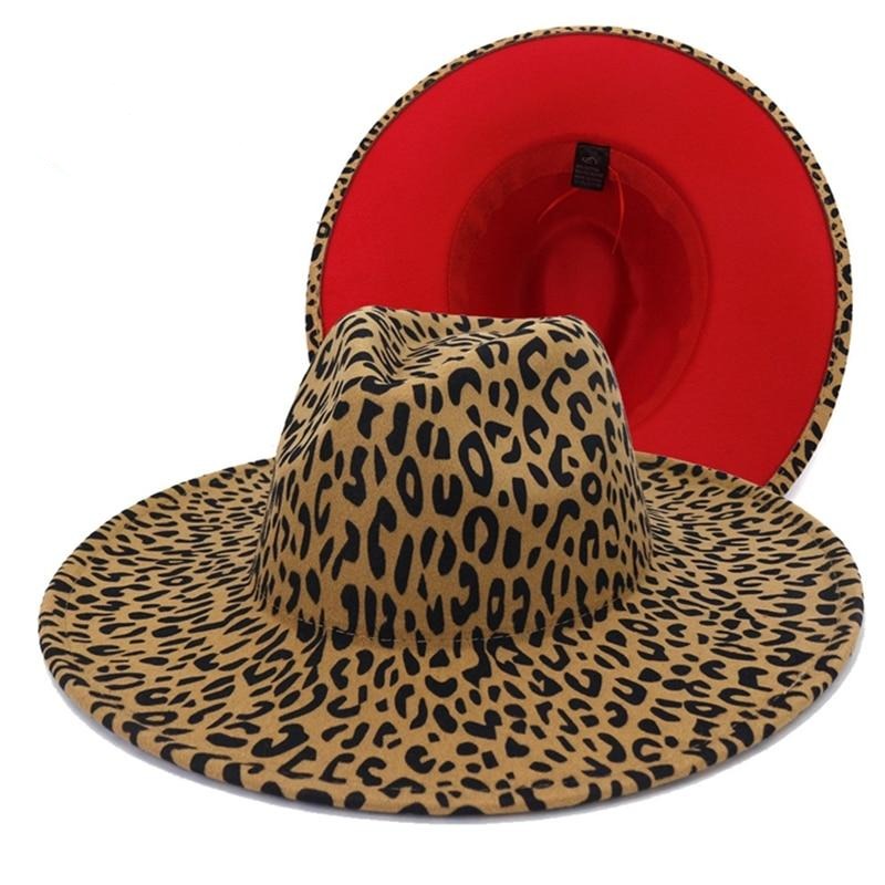 Womens Accessories Leopard Print Fedora w/ Solid Print Interior Blue Green Pink or Red