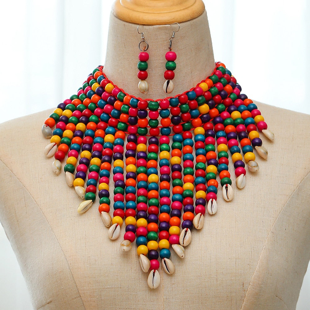 Beaded Shell Earrings and Choker Necklace Set