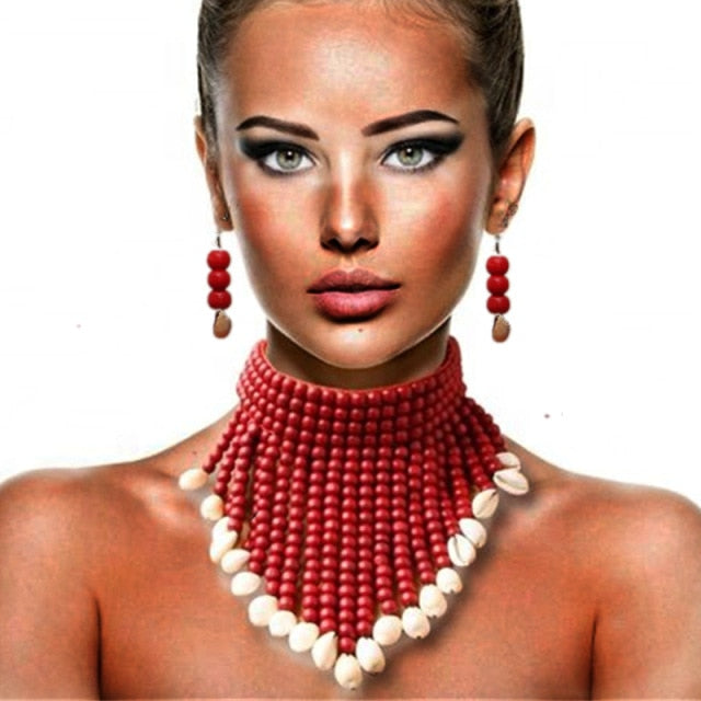 Beaded Shell Earrings and Choker Necklace Set