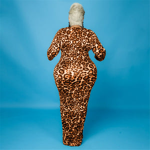 5XL Leopard Print Dress Square Neckline Long Sleeve Long Length Plus Size Women