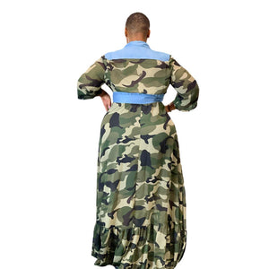 5XL Camouflage Print Denim Trim Ruffle Dress Turn Down Collar 3/4 Sleeve Long Length Plus Size Women
