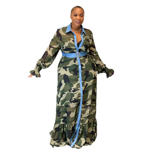 5XL Camouflage Print Denim Trim Ruffle Dress Turn Down Collar 3/4 Sleeve Long Length Plus Size Women