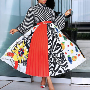 Plus Size Women Patchwork Floral Geometric Stripe Print Dress Stand Collar Long Flare Sleeve Calf Length Black White Red Yellow Blue
