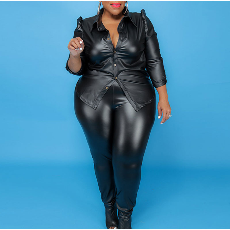 Plus Size Women Faux Leather 2 Piece Turn Down Collar Long Sleeve Top w/ Pants Blue Brown or Black