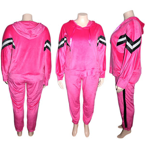 4XL 2 Piece Pink Velvet and Stripes Tracksuit Pullover Hoodie w/ Pants Plus Size Women