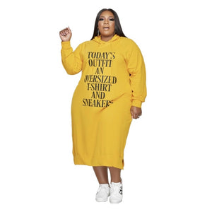 5XL "Todays Outfit..." Letter Cassual Hoodie Dress Pullover Long Sleeve Mid Calf Plus Size Women