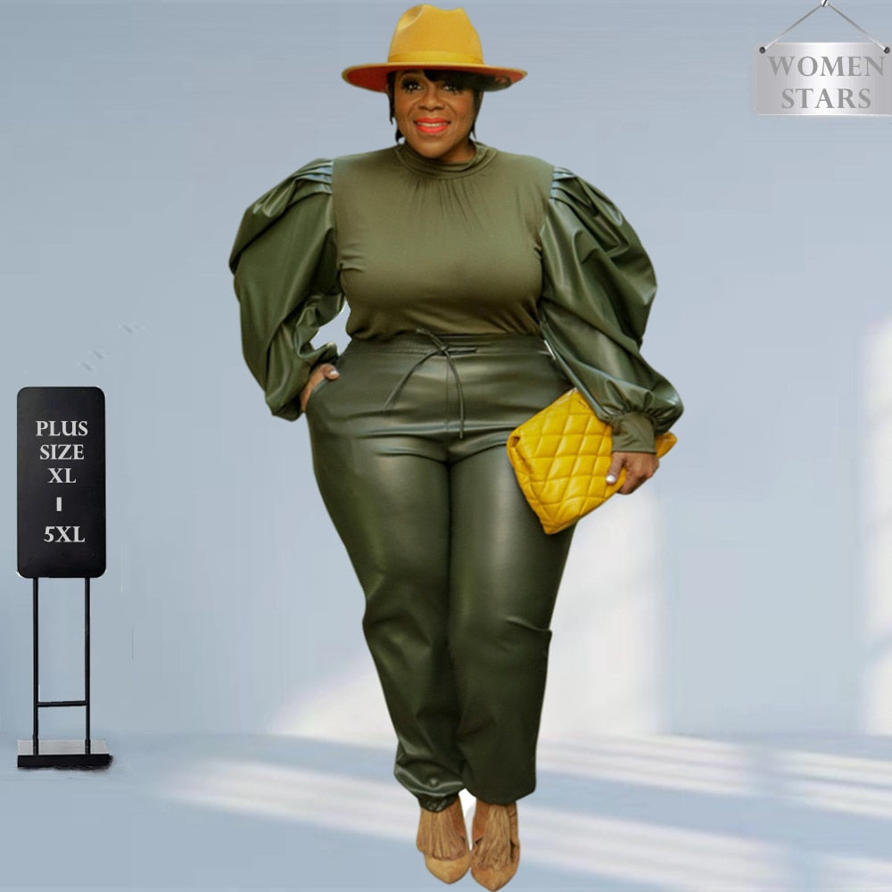 Plus Size Women Faux Leather 2 Piece Set Long Length Vest w/ Wide Leg Pants Black Brown or Green