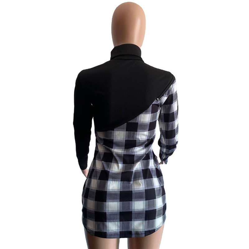 3XL Patchwork Black Plaid Mini Dress Turtleneck Long Sleeve Plus Size Women