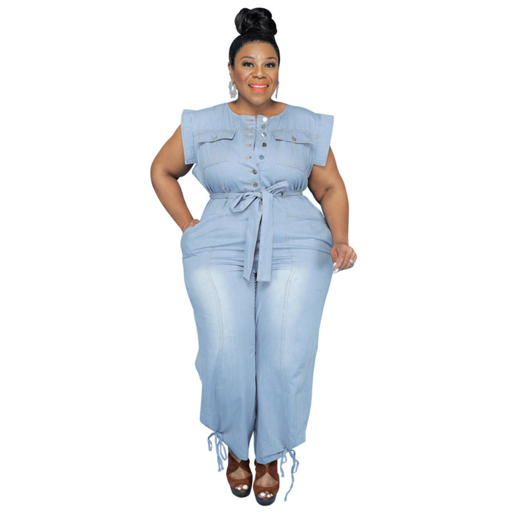 5XL Blue Denim Romper O Neck sleeveless Ankle Length Plus Size Women