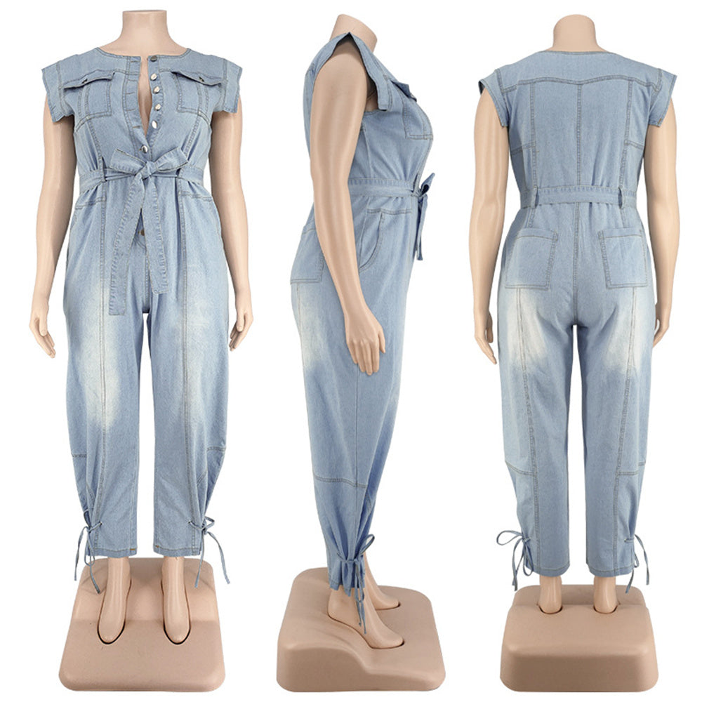 5XL Blue Denim Romper O Neck sleeveless Ankle Length Plus Size Women