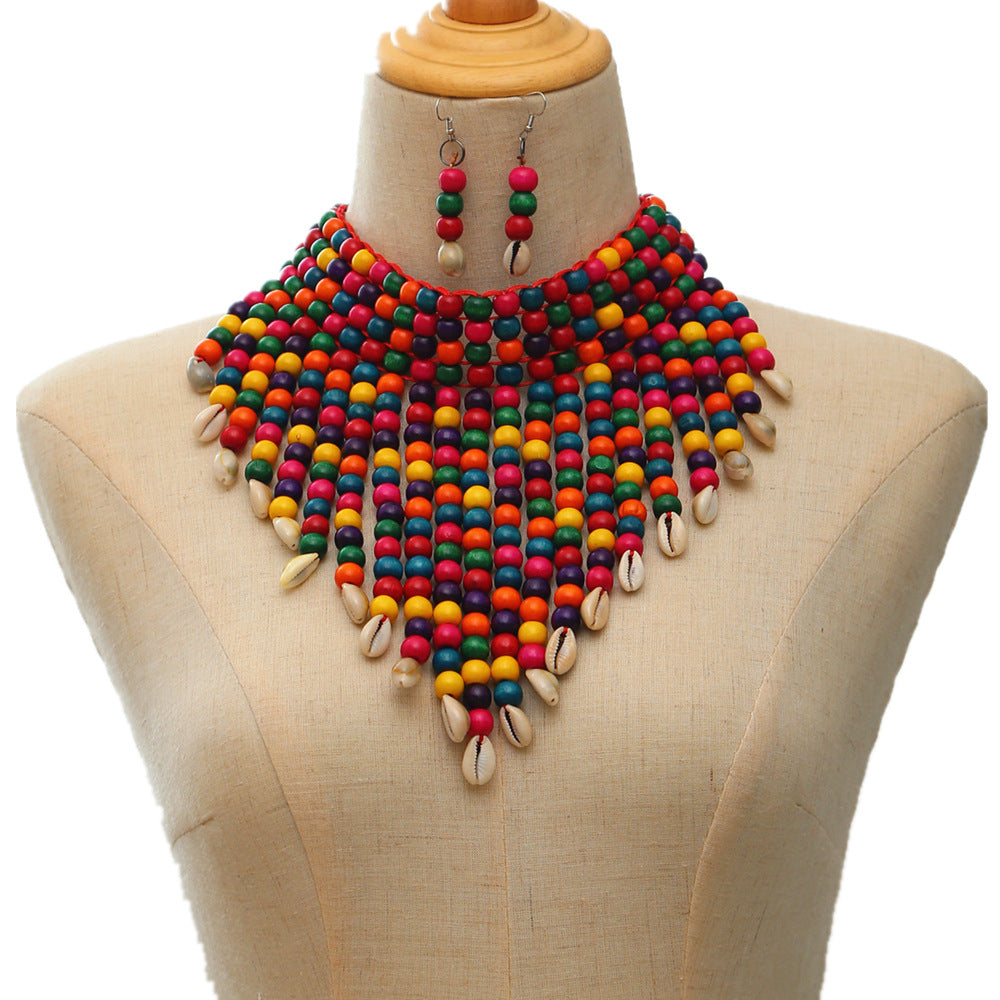 Beaded Shell Earrings and Choker Necklace Set