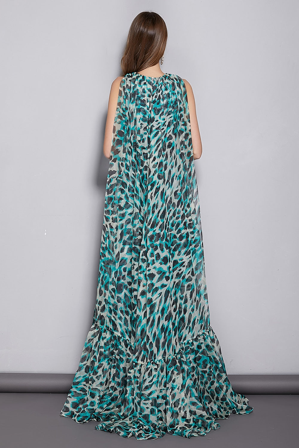 2XL BLue Leopard Print Chiffon Dress O Neck Sleeveless Plus Size Women