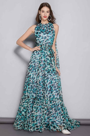 Blue Leopard Print Chiffon Formal Prom Dress w/ Cape O Neck Sleeveless Floor Length