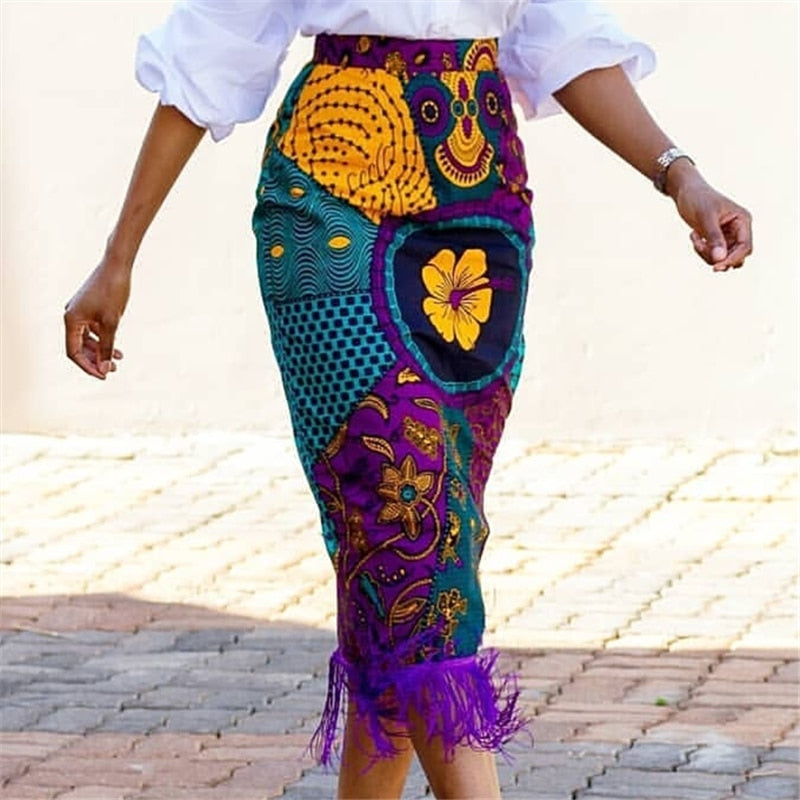 Purple African Print Tassle Skirt 